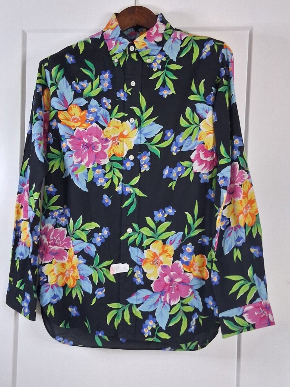 Vintage Y2K Ralph Lauren Floral Shirt Mens Medium Black Tropical 100% Cotton